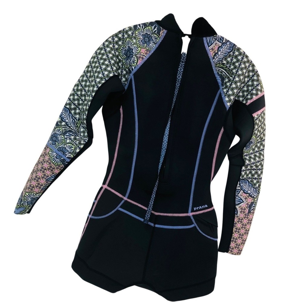 Prana Short Wetsuit Springsuit Womens XS Black Floral Long Slv Scuba Rash Guard - Picture 1 of 8